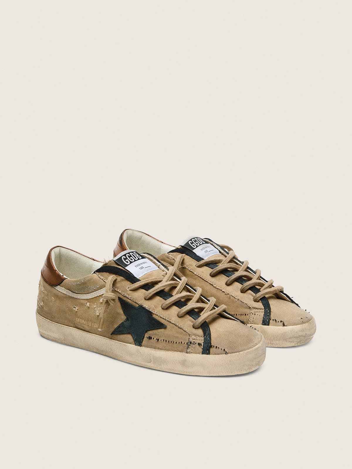 Super-Star LTD pour femme en toile beige avec &eacute;toile en cuir noir