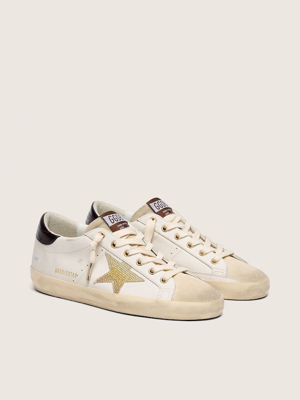 Super-Star femme en cuir blanc avec &eacute;toile Swarovski dor&eacute;e