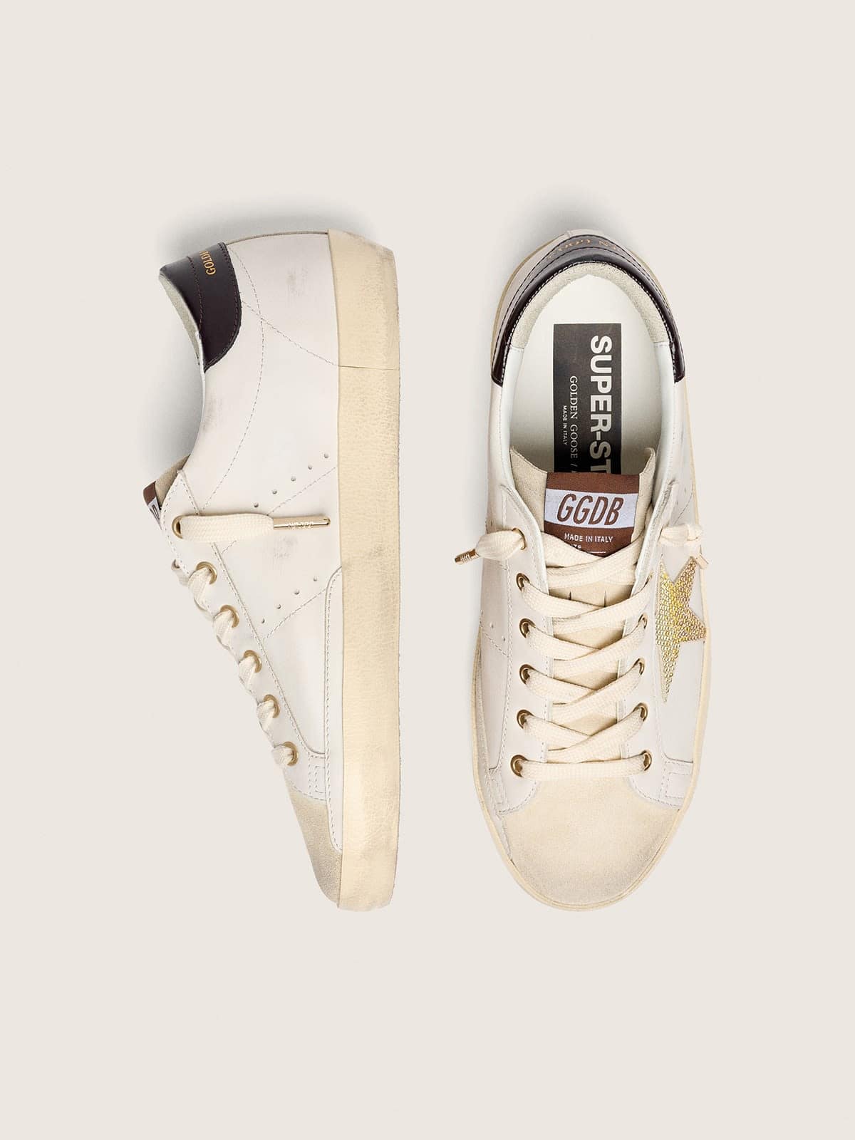 Golden Goose - Super-Star donna in pelle bianca con stella Swarovski oro in 
