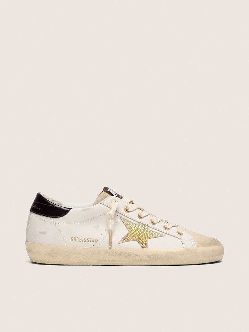 Super-Star femme en cuir blanc avec &eacute;toile Swarovski dor&eacute;e