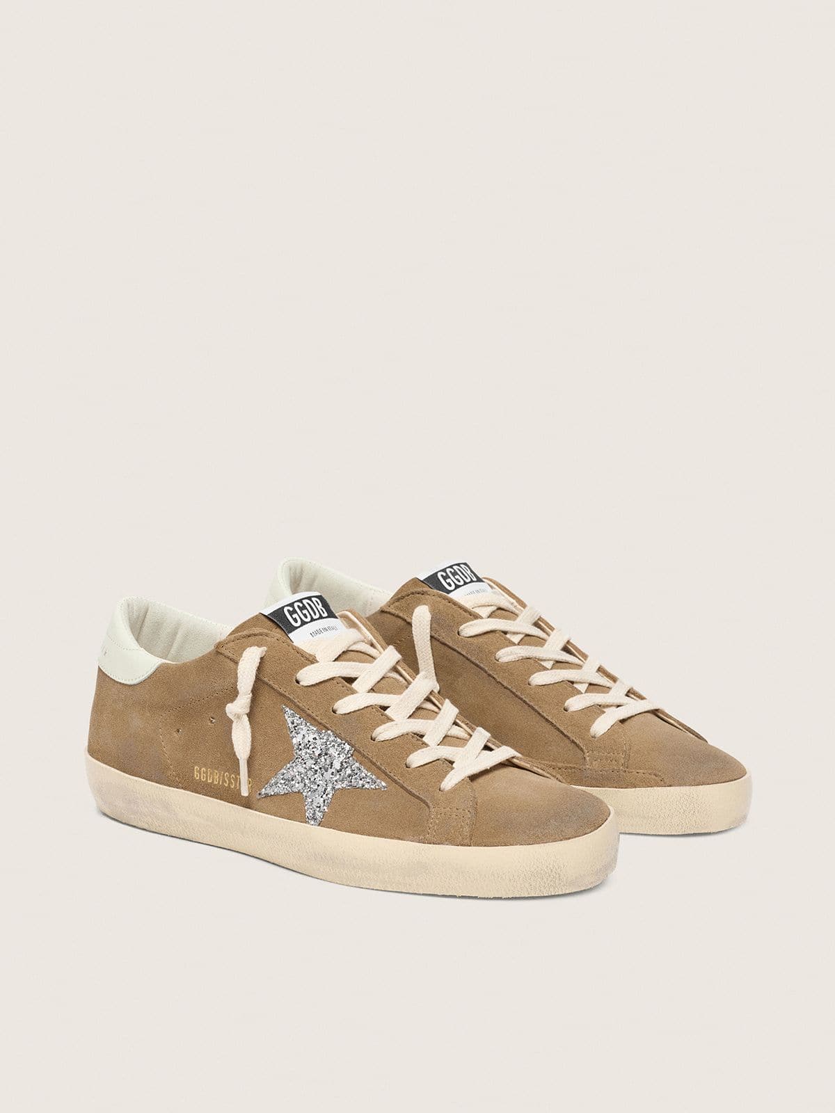 Golden Goose - Super-Star donna in suede tabacco con stella glitter argento in 