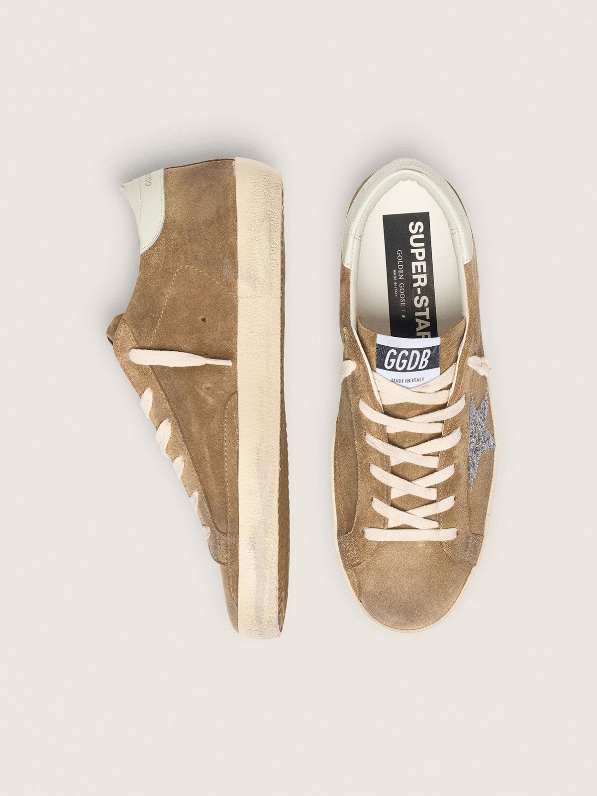 Golden Goose - Super-Star donna in suede tabacco con stella glitter argento in 