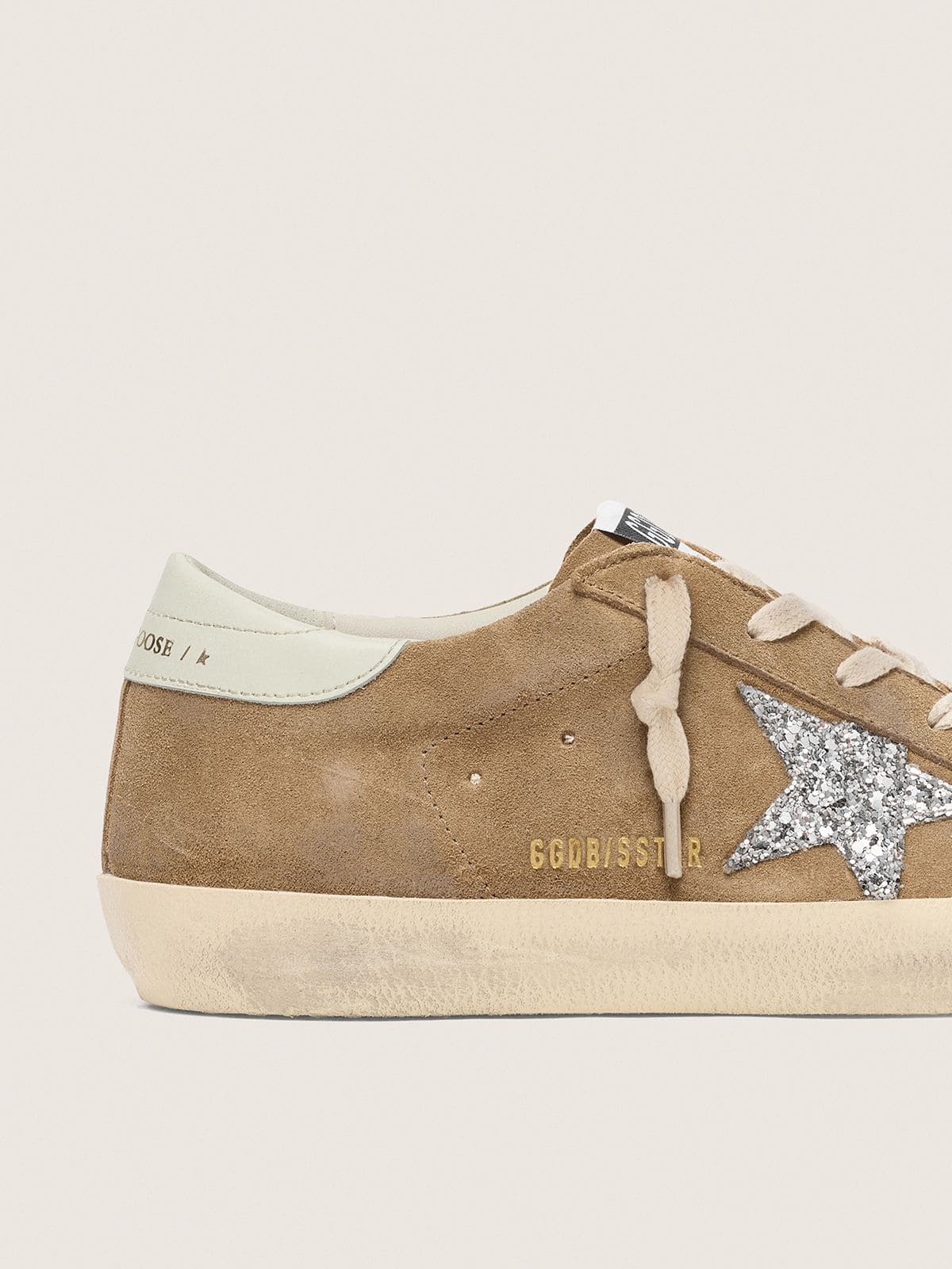 Golden Goose - Super-Star donna in suede tabacco con stella glitter argento in 