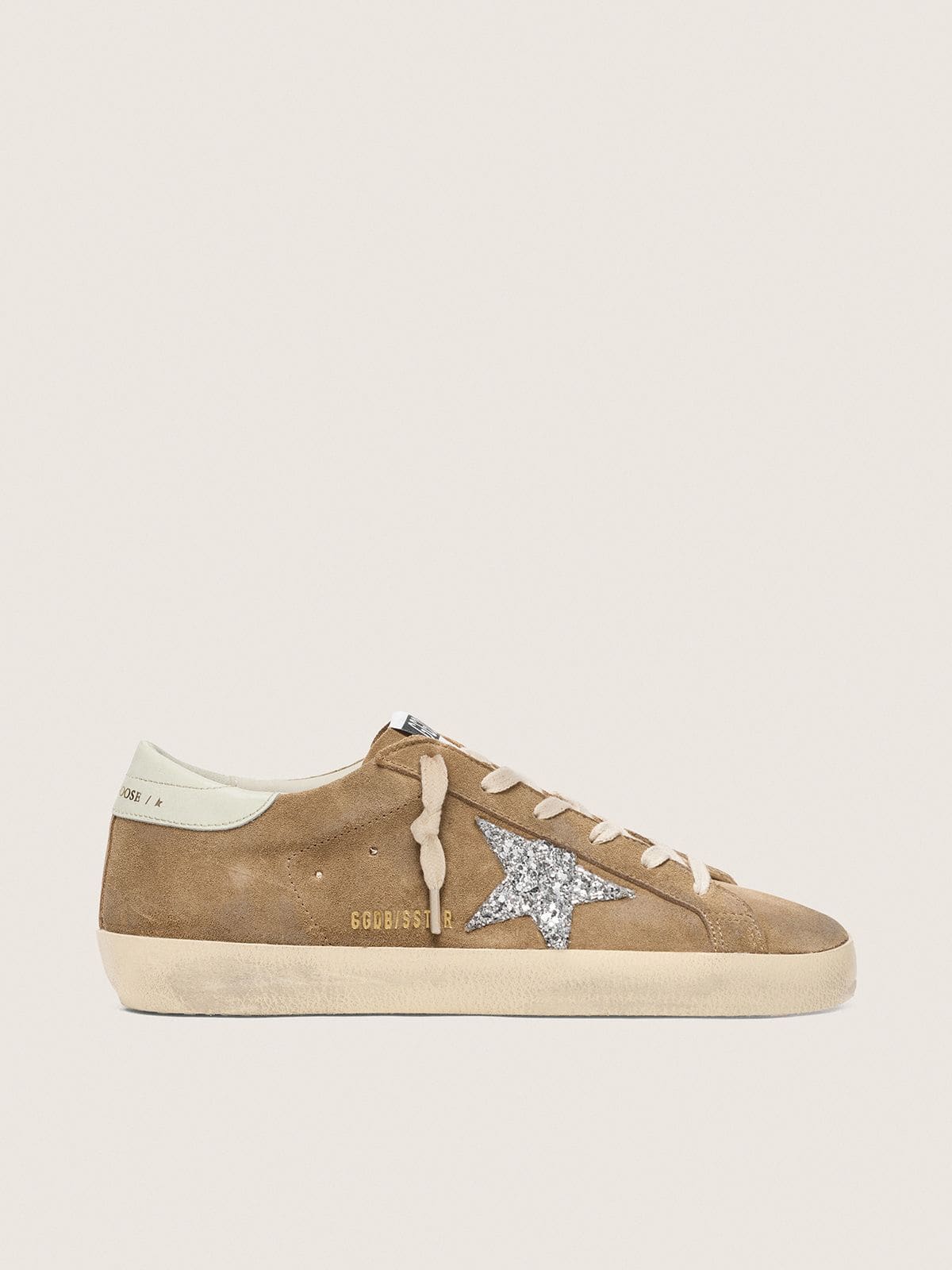 Golden Goose - Super-Star donna in suede tabacco con stella glitter argento in 