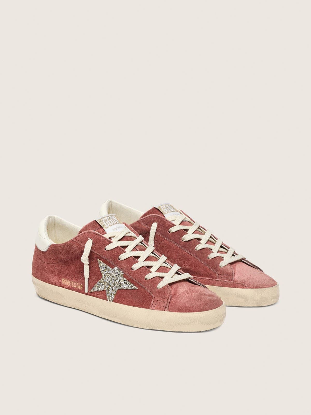 Super-Star femme en cuir velours rouge rouille avec &eacute;toile &agrave; paillettes argent&eacute;es
