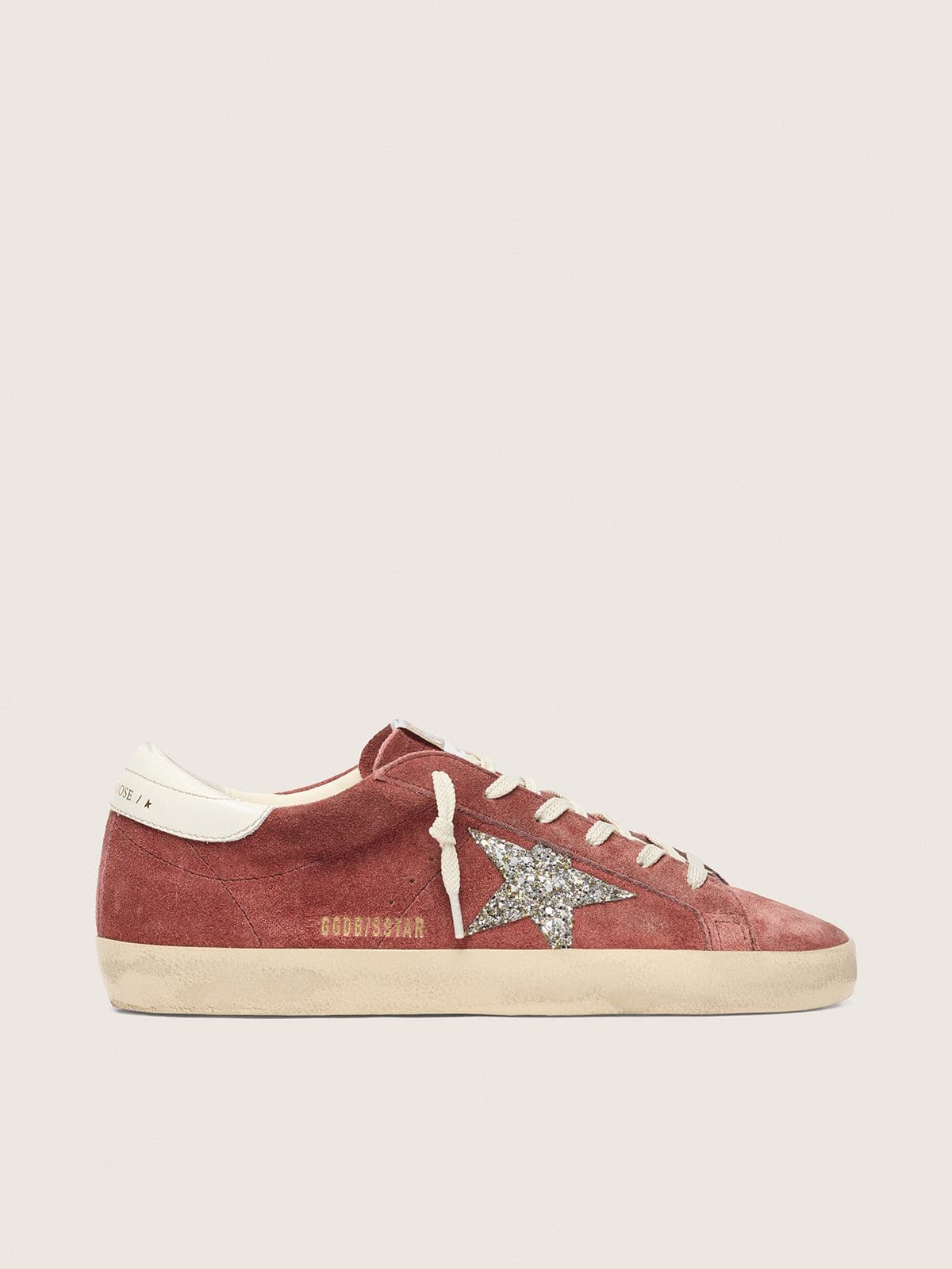 Golden Goose - Super-Star donna in suede rosso ruggine con stella glitter argento in 