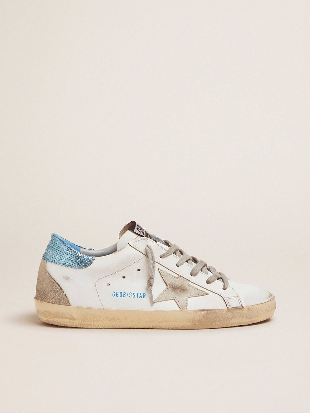 White Super-Star LTD sneakers with blue laminated heel tab | Golden Goose