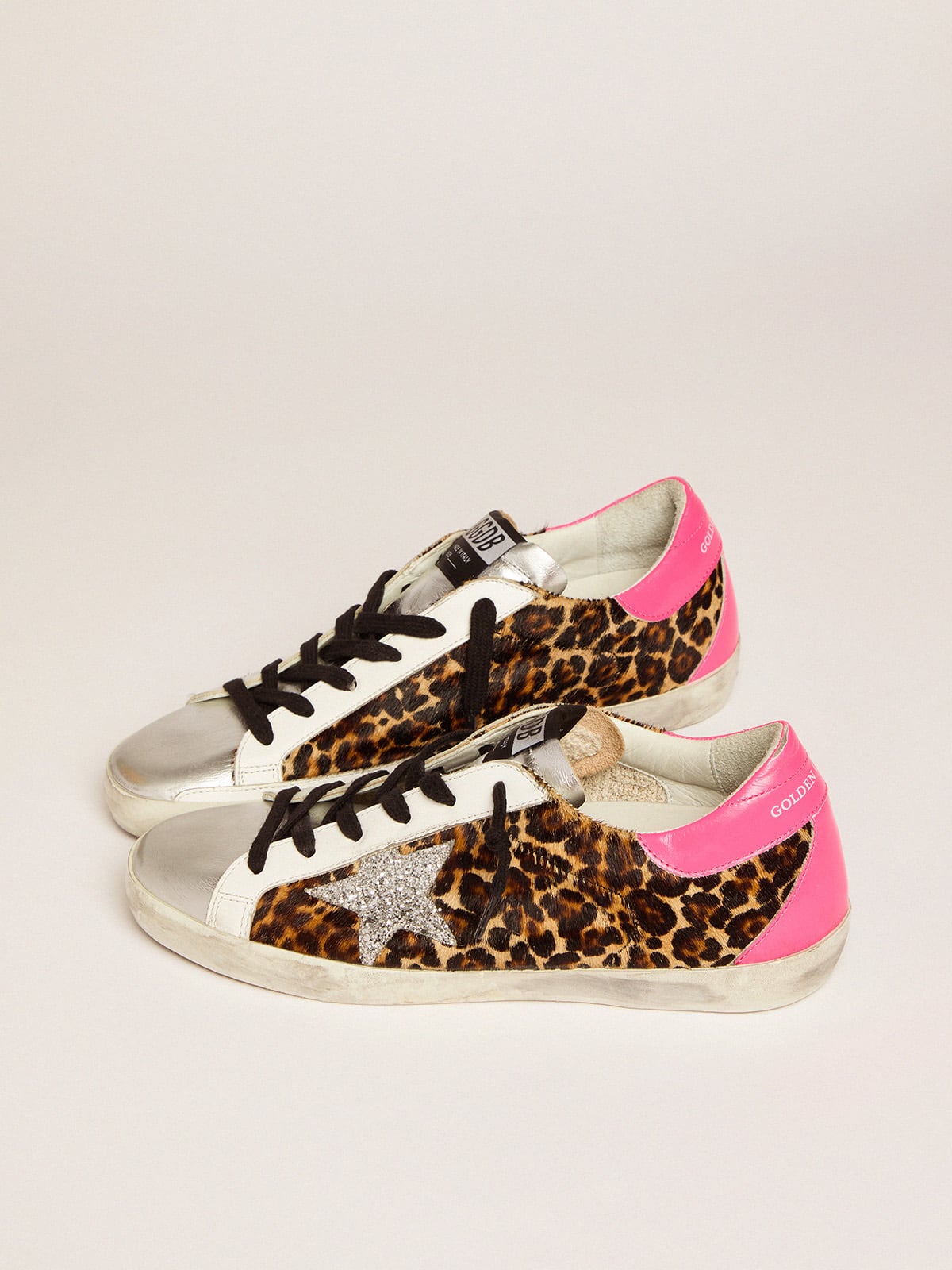 Golden Goose - Super-Star sneakers in leopard-print pony skin with silver glitter star in 