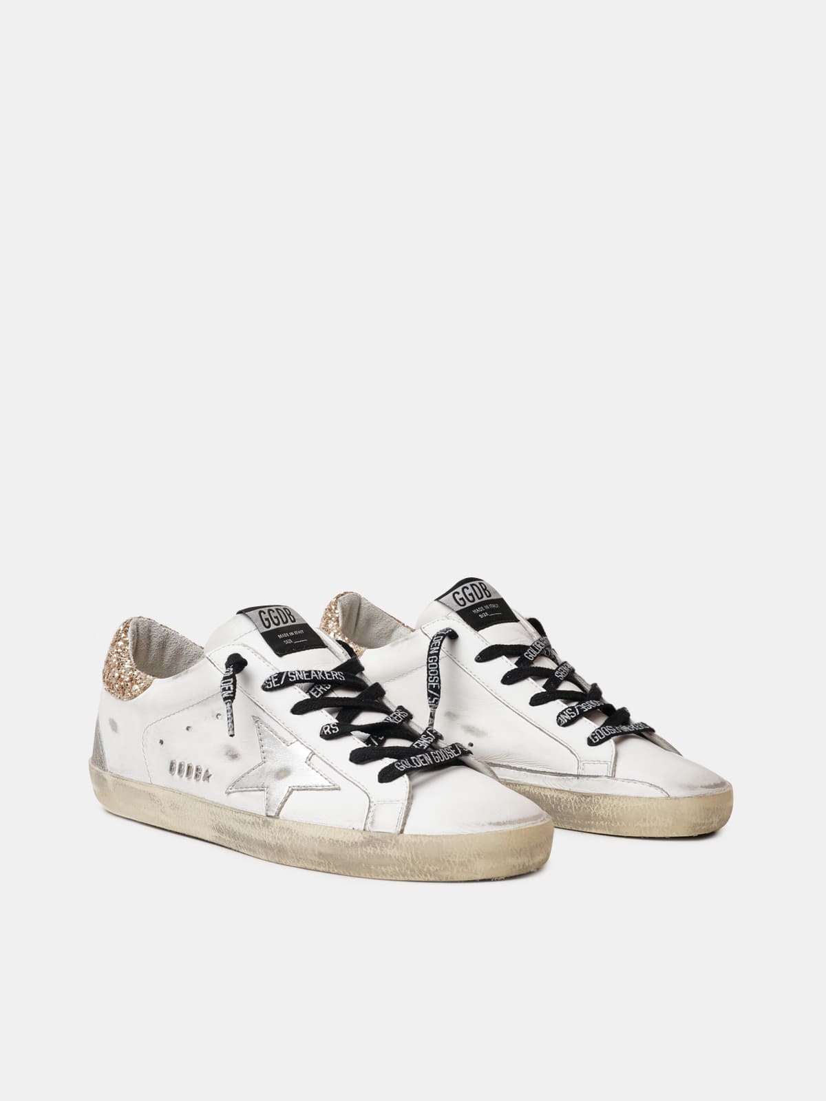 Golden Goose - Zapatillas deportivas Super-Star blancas de piel con refuerzo del talón de purpurina in 