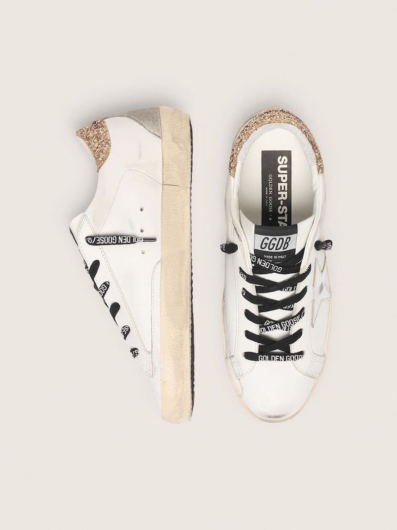 Golden Goose - Super-Star Donna bianche in pelle con talloncino glitter in 