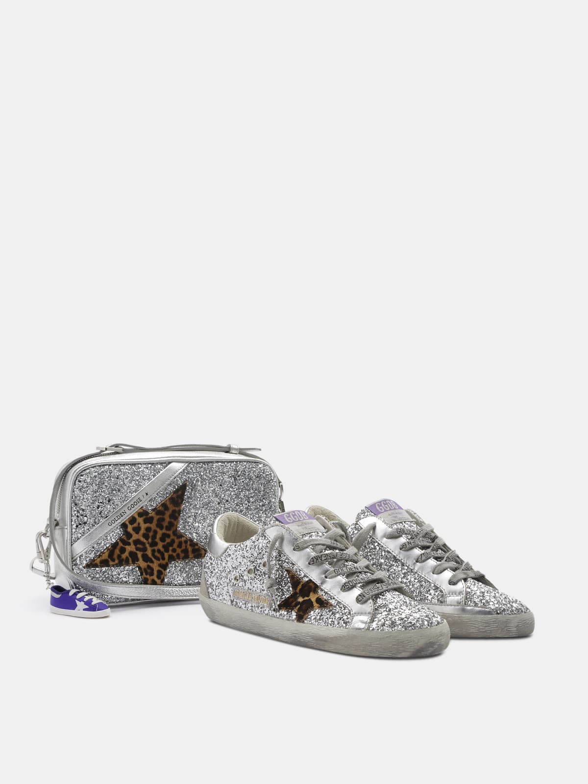 Golden Goose - Super-Star sneakers with silver glitter and leopard-print pony skin star in 