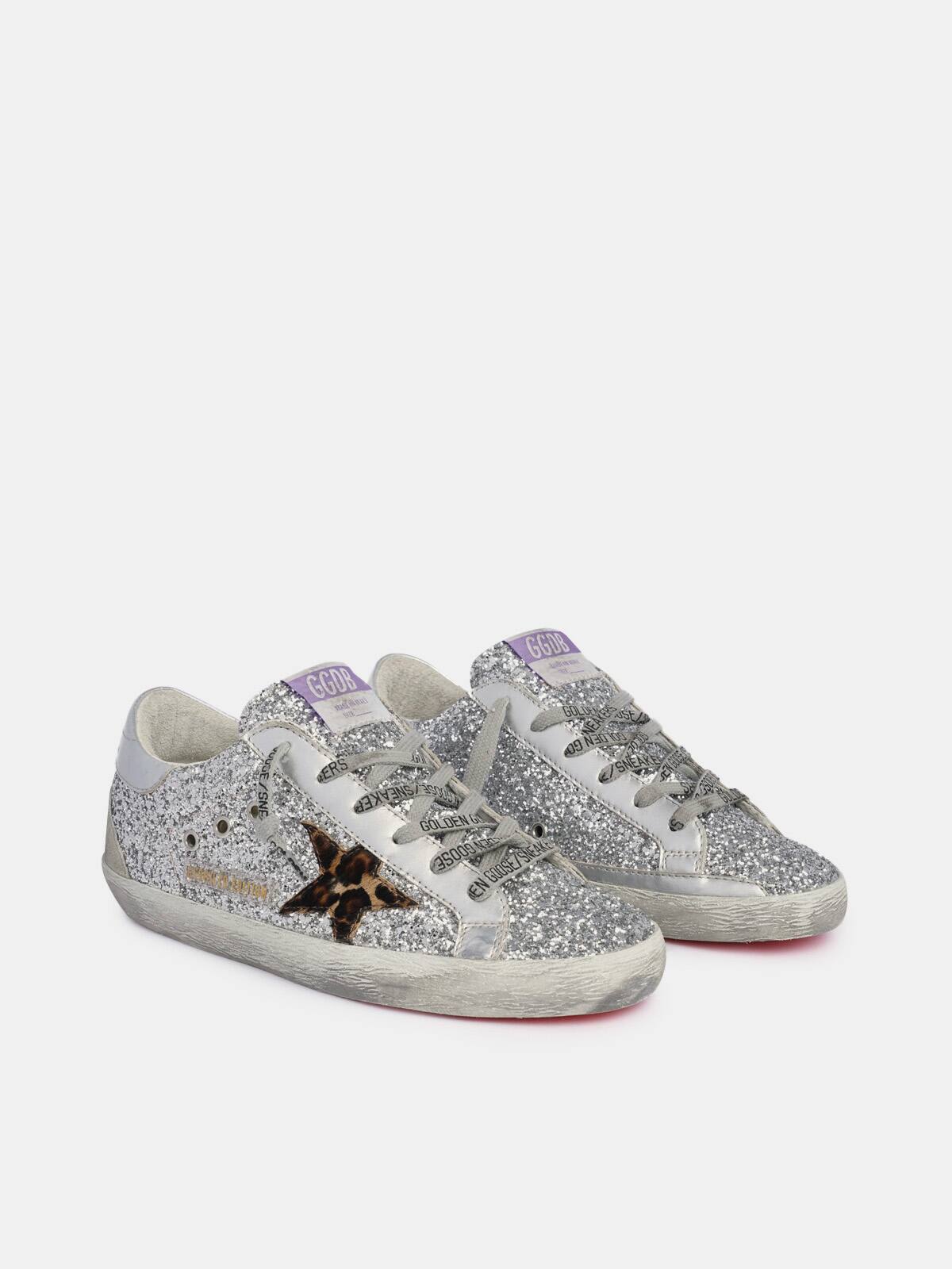 Golden Goose - Super-Star sneakers with silver glitter and leopard-print pony skin star in 