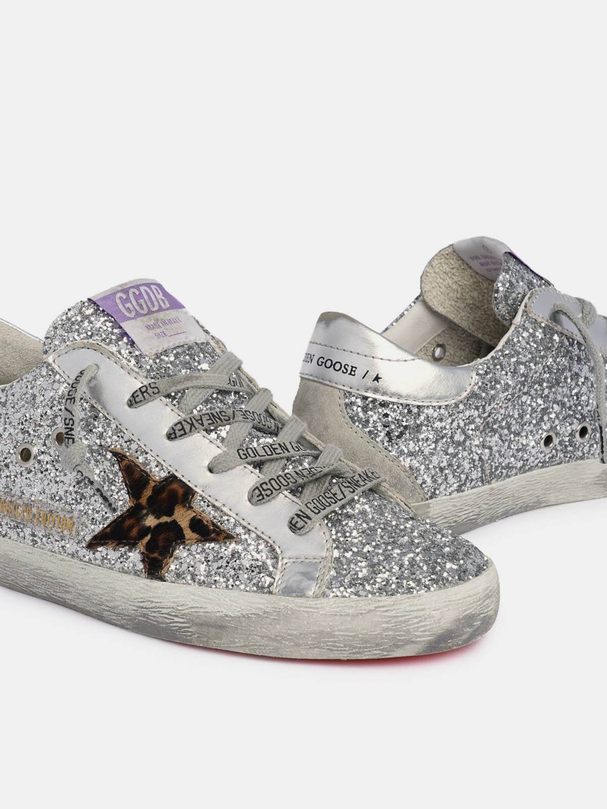 Golden Goose - Super-Star sneakers with silver glitter and leopard-print pony skin star in 