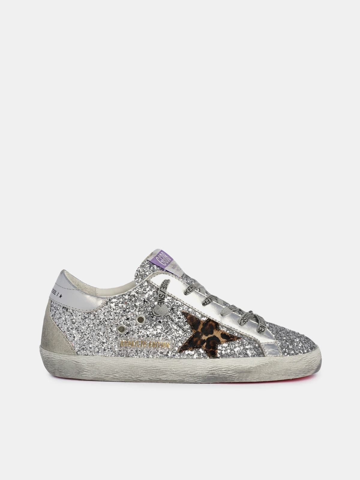 Golden Goose - Super-Star sneakers with silver glitter and leopard-print pony skin star in 