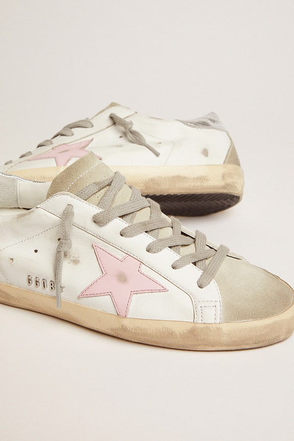 Golden Goose - Women's leather Super-Star with pink star and silver heel tab in 