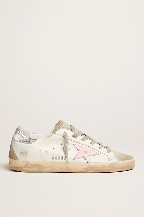 Golden Goose - Women's leather Super-Star with pink star and silver heel tab in 