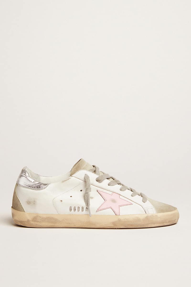 Super-Star femme en cuir avec &eacute;toile rose et empi&egrave;cement lam&eacute; argent&eacute;