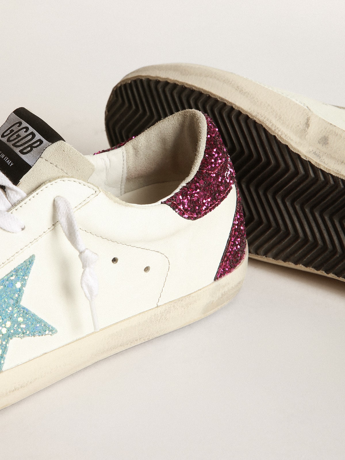 Golden Goose - Super-Star sneakers with light blue glitter star and purple glitter heel tab in 