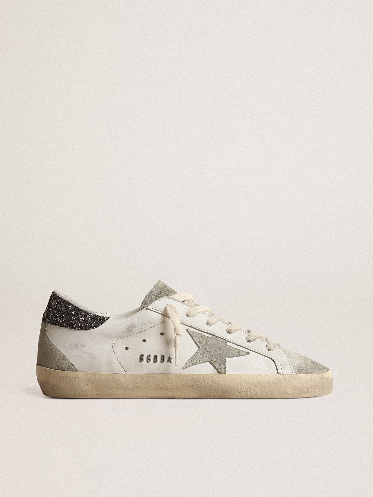 Golden Goose - Super-Star Donna con stella grigia e talloncino in glitter grigio scuro in 