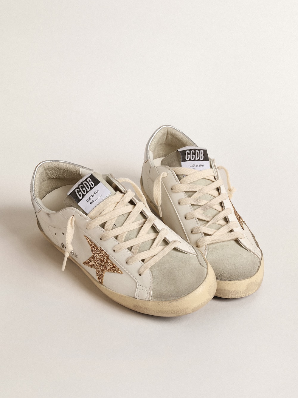 Golden Goose - Women's Super-Star with gold glitter star and ice-gray suede inserts in 