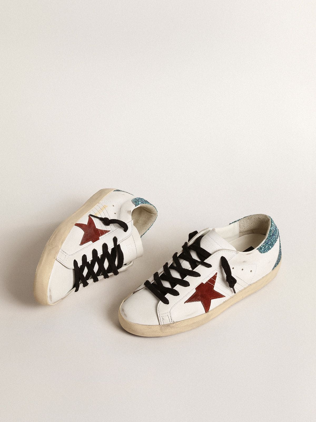 Golden Goose - Women’s Super-Star with burgundy suede star and light blue glitter heel tab  in 