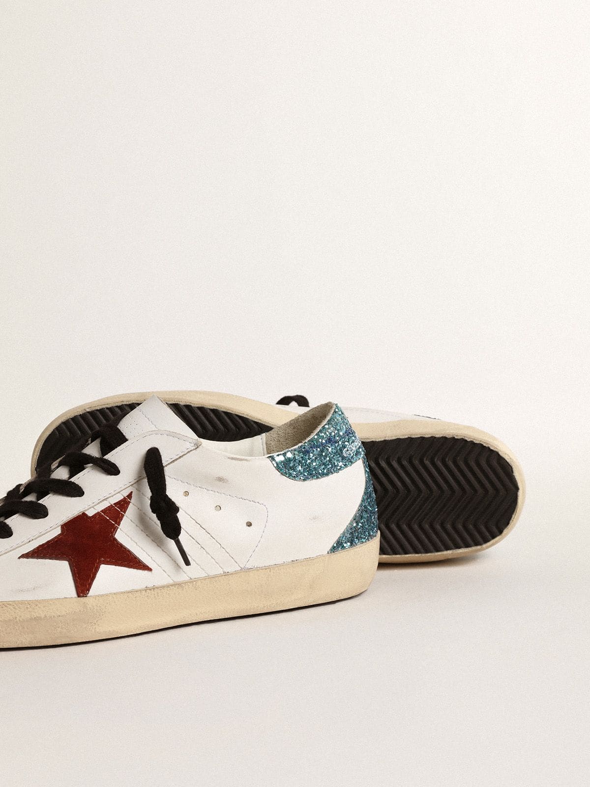 Golden Goose - Women’s Super-Star with burgundy suede star and light blue glitter heel tab  in 