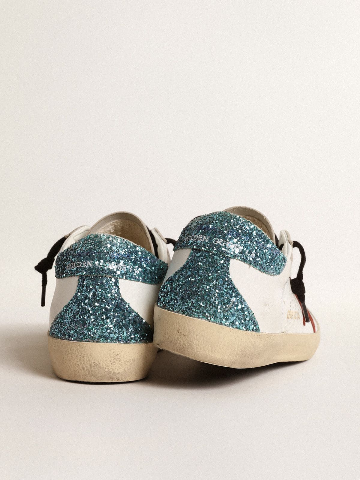 Golden Goose - Women’s Super-Star with burgundy suede star and light blue glitter heel tab  in 