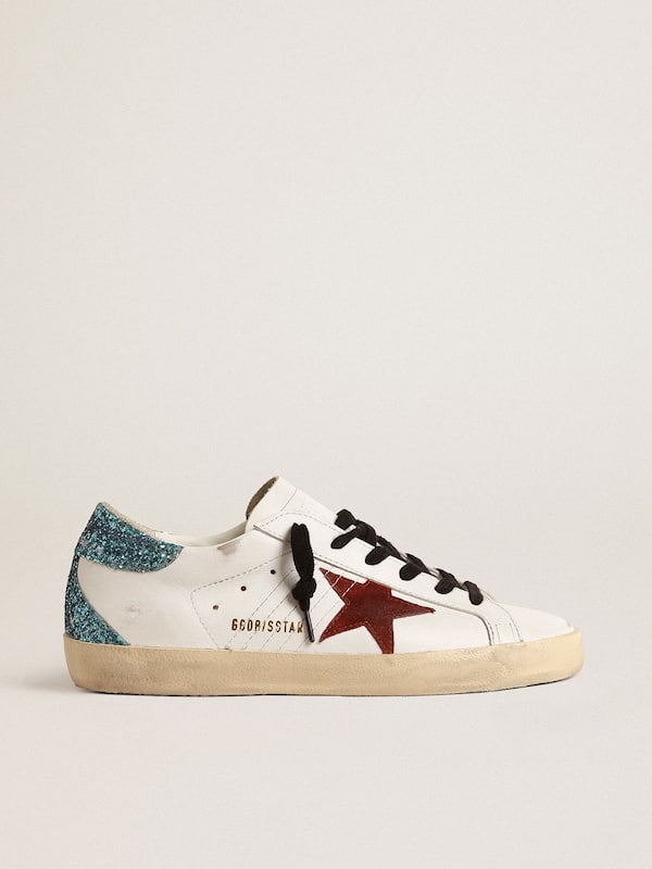 Golden Goose - Women’s Super-Star with burgundy suede star and light blue glitter heel tab  in 