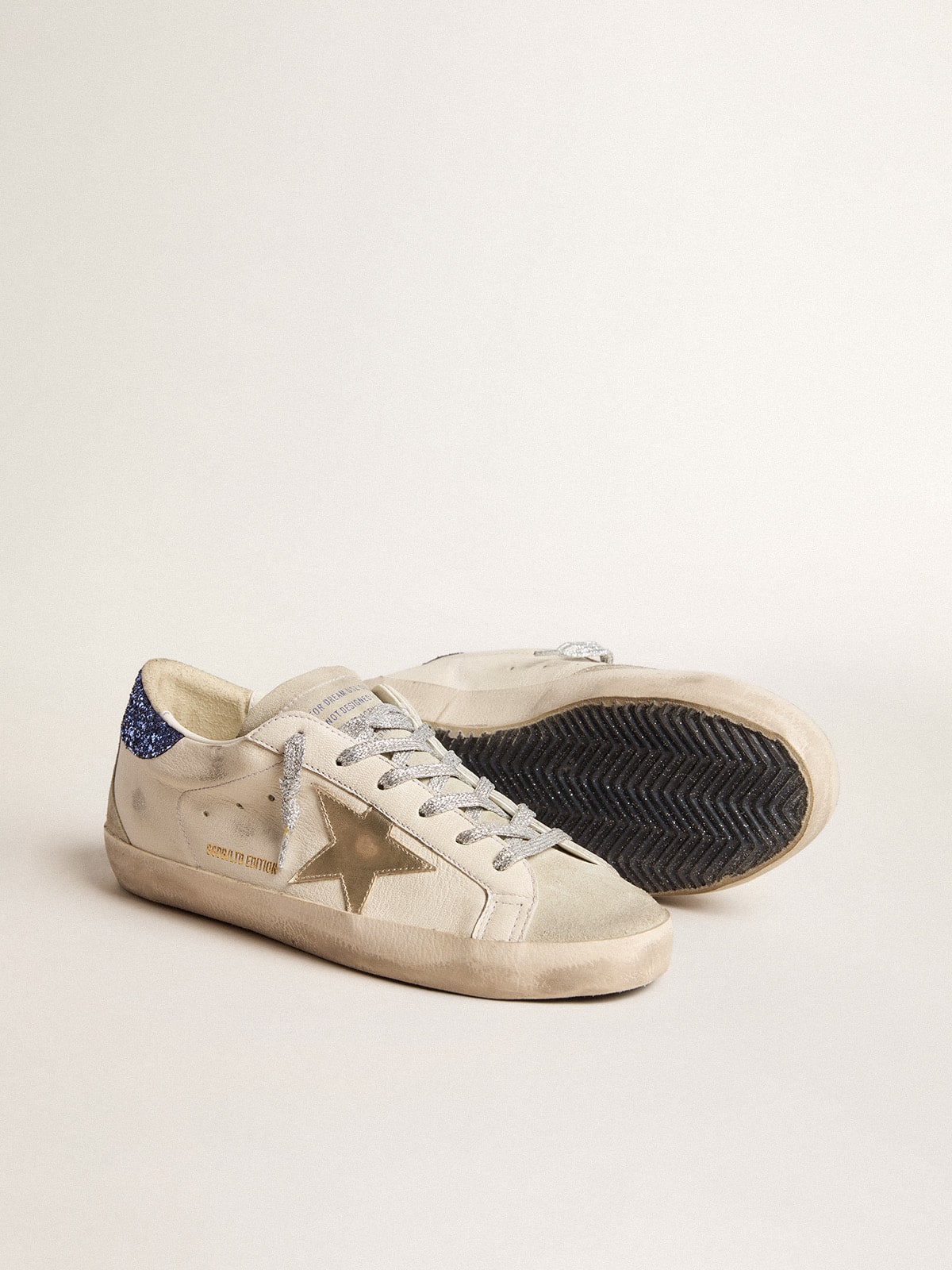 Golden Goose - Women's Super-Star LTD in nappa leather with platinum star and blue glitter heel tab in 