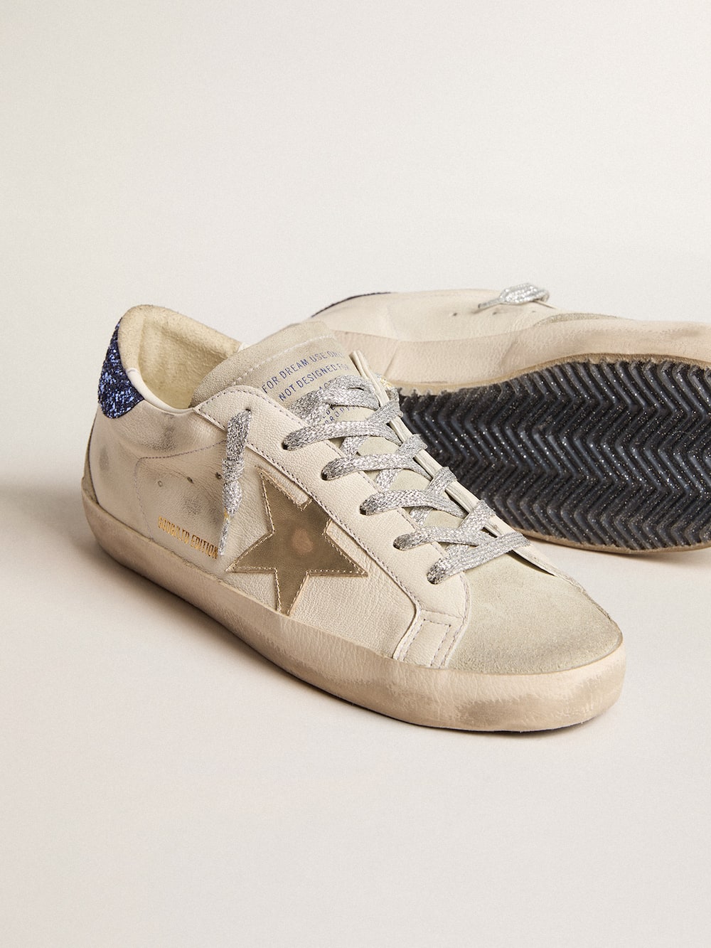 Golden Goose - Women's Super-Star LTD in nappa leather with platinum star and blue glitter heel tab in 