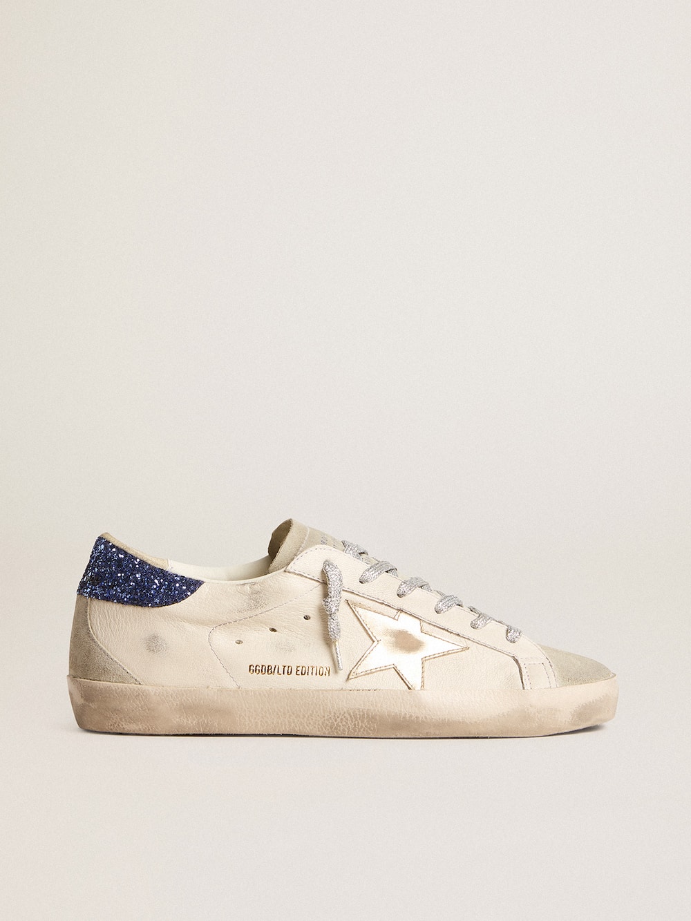 Golden Goose - Women's Super-Star LTD in nappa leather with platinum star and blue glitter heel tab in 