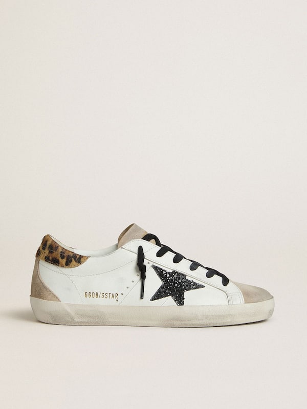 Golden Goose - Women's Super-Star with black glitter star and leopard-print pony skin heel tab in 