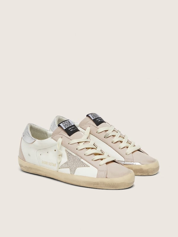 Women&rsquo;s Super-Star in white and powder-pink leather with silver Swarovski crystal star