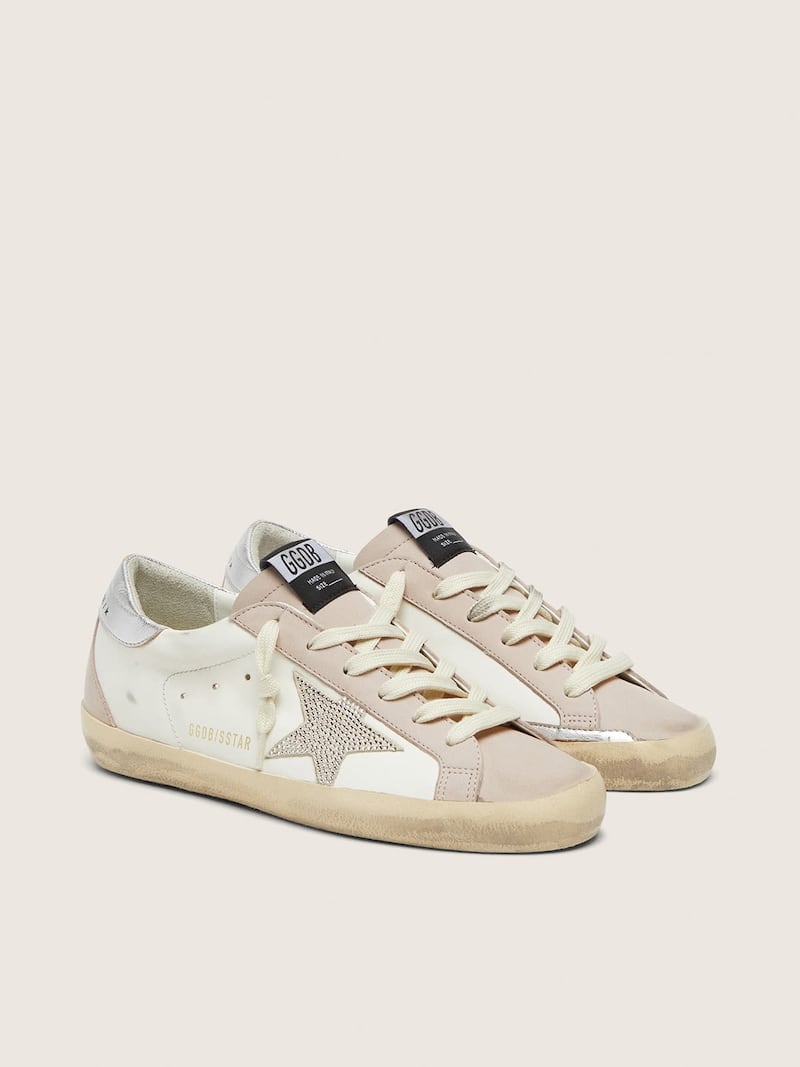 Golden Goose - Super-Star Damen aus Leder in Wei&szlig; und Puderrosa mit Stern aus silberfarbenen Swarovski-Kristallen in 