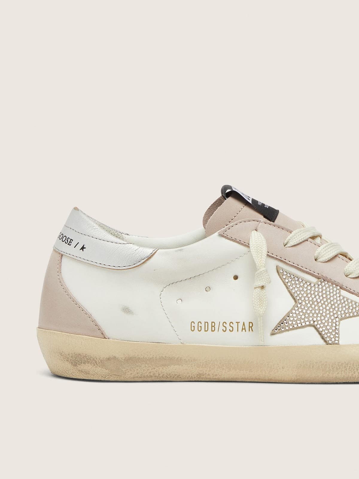 Golden Goose - Super-Star レディース レザー（ホワイト＆パウダーピンク） スワロフスキークリスタルスター（シルバー） in 