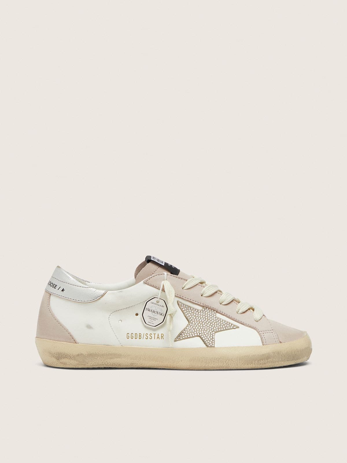 Golden Goose - Super-Star レディース レザー（ホワイト＆パウダーピンク） スワロフスキークリスタルスター（シルバー） in 
