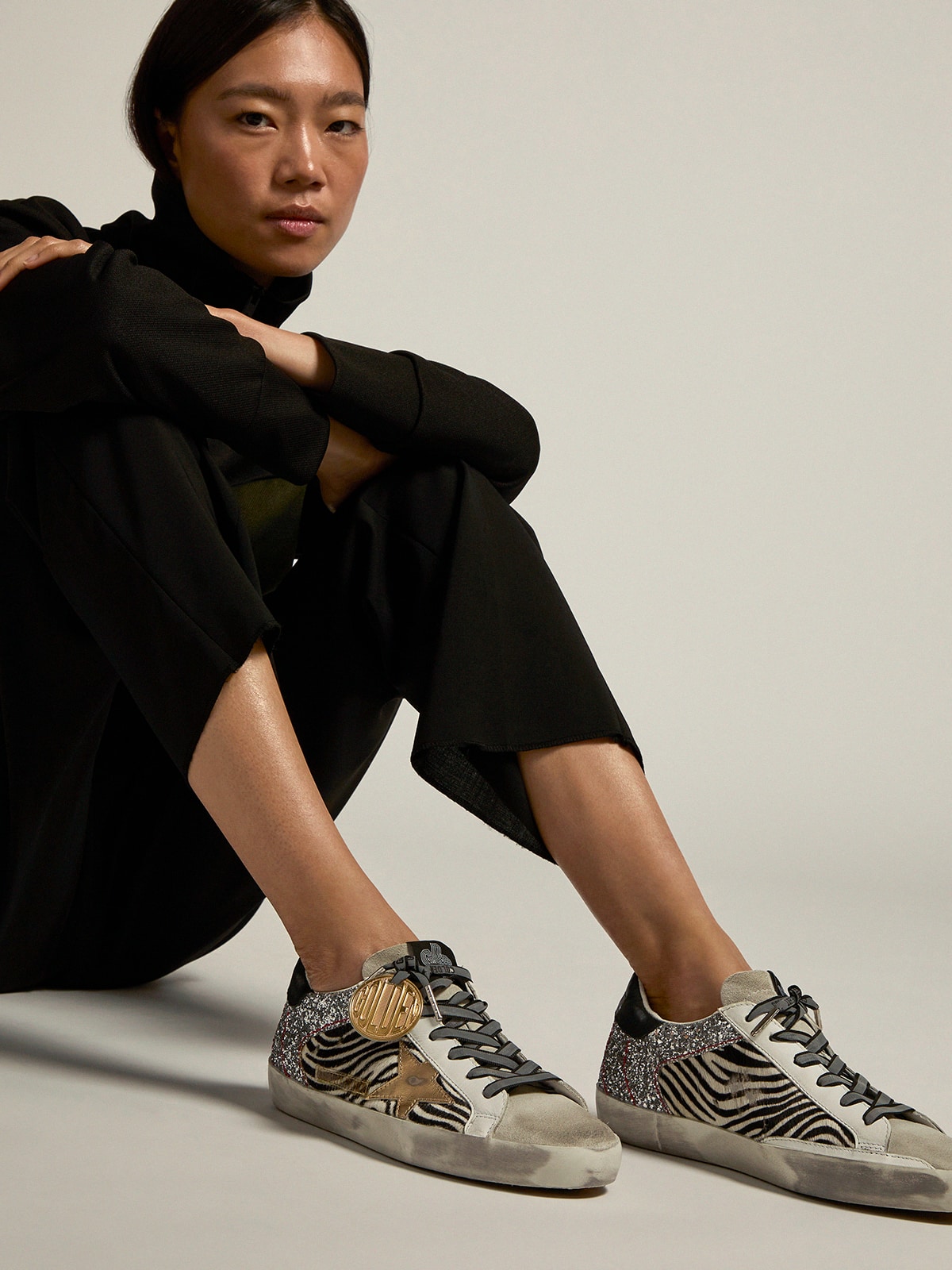 Golden Goose - Women’s Super-Star sneakers in zebra-print pony skin and silver glitter in 