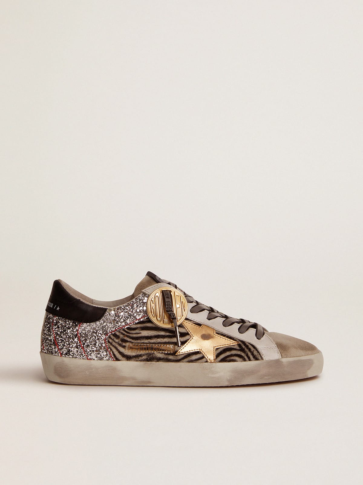 Golden Goose - Super-Star da donna in cavallino zebrato e glitter argento in 