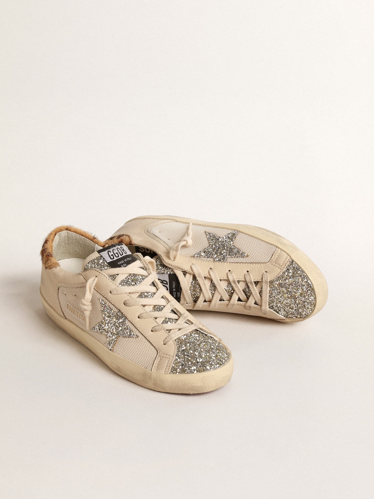 Super-Star in cream mesh with glitter star and leopard heel tab