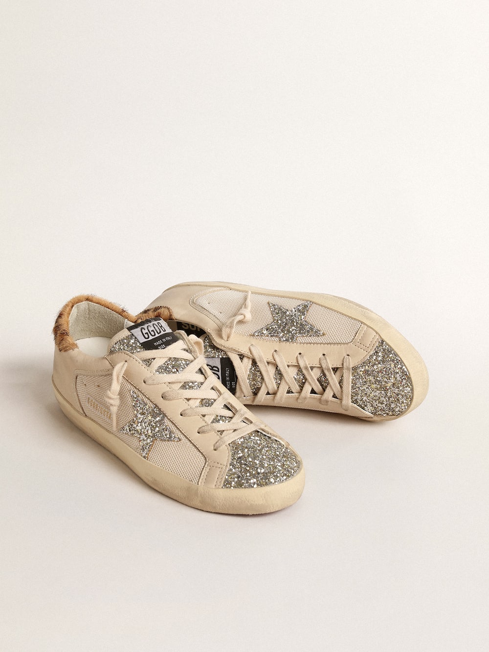Golden Goose - Super-Star in cream mesh with glitter star and leopard heel tab in 