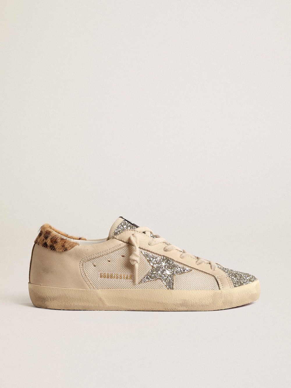 Golden Goose - Super-Star in cream mesh with glitter star and leopard heel tab in 