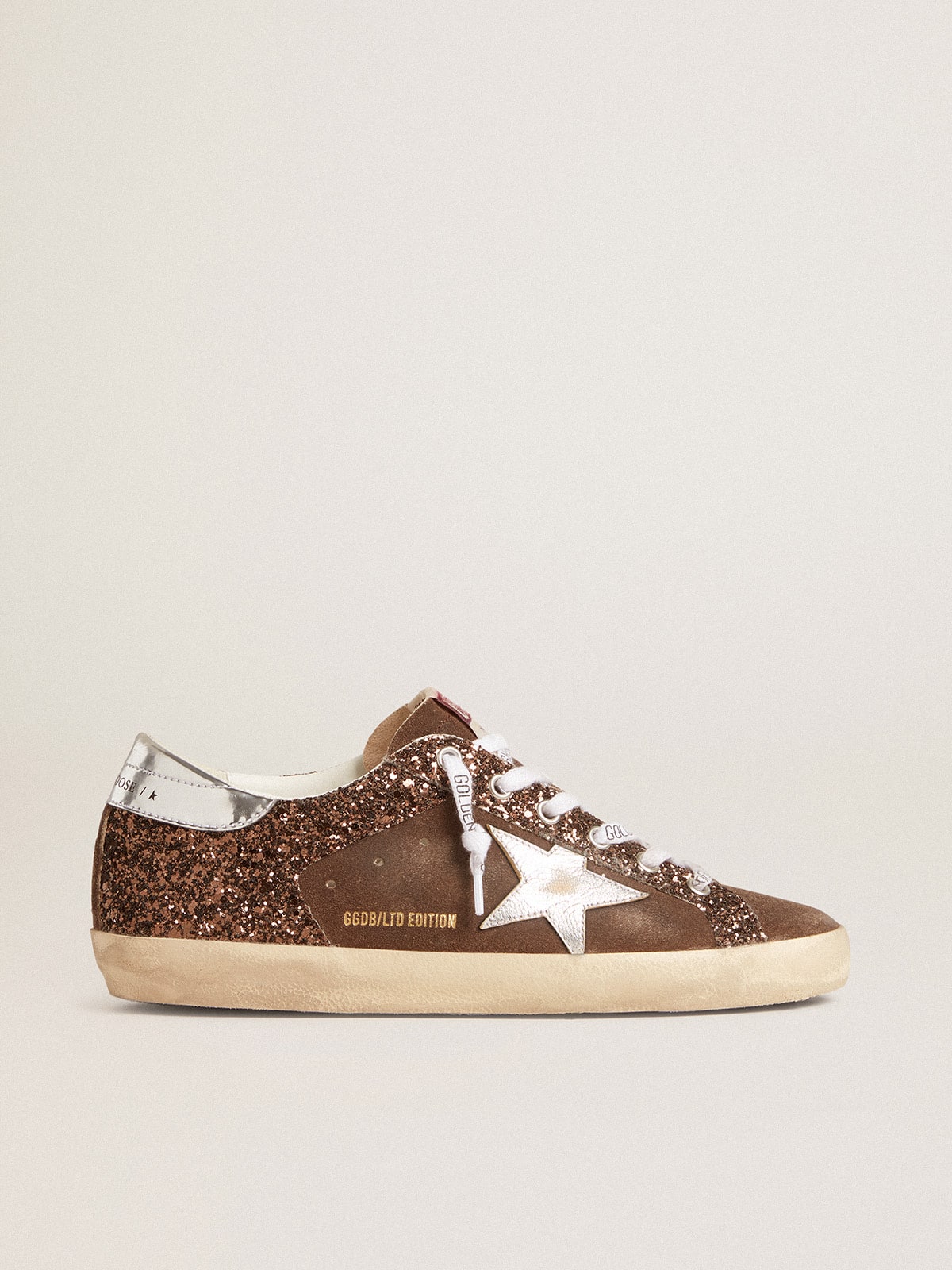 Women s Super Star LTD in brown glitter and suede with leather star and heel tab Golden Goose