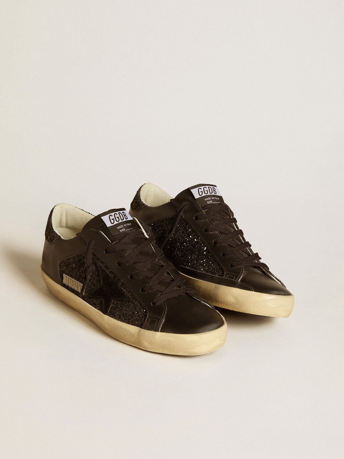 Golden Goose - Women's Super-Star in black glitter with black suede star and leather inserts in 