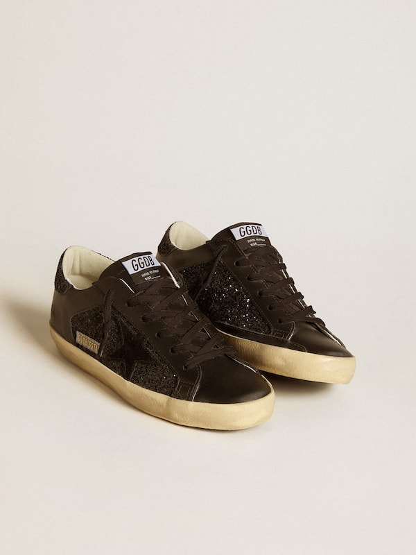 Golden Goose - Women's Super-Star in black glitter with black suede star and leather inserts in 