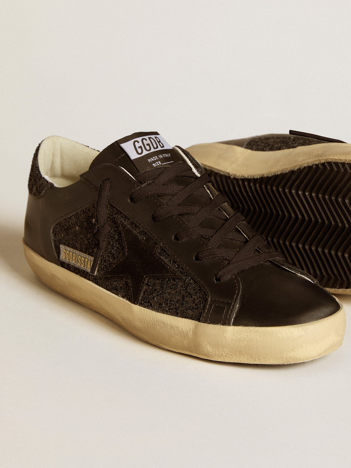 Golden Goose - Super-Star in black glitter with black suede star and leather inserts in 