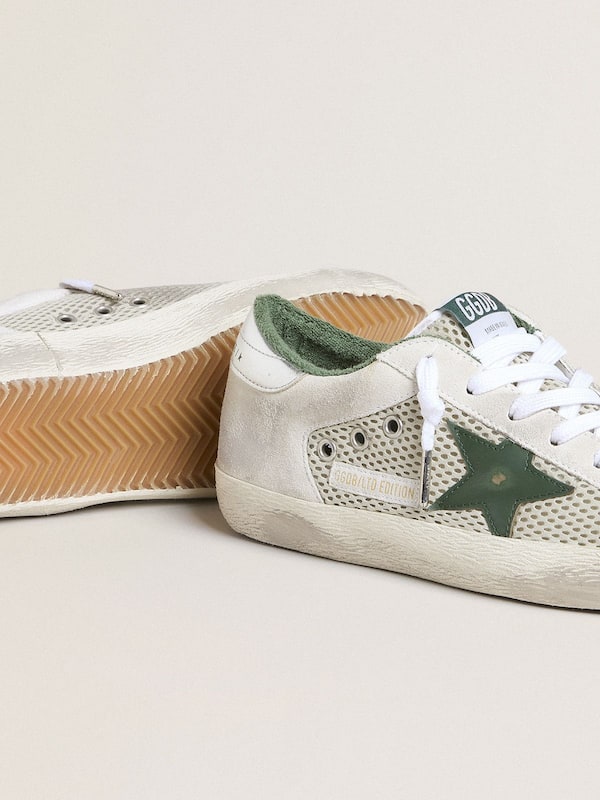 Golden Goose - Women’s Super-Star LTD in white suede and mesh with green leather star and silver foiled leather heel tab in 