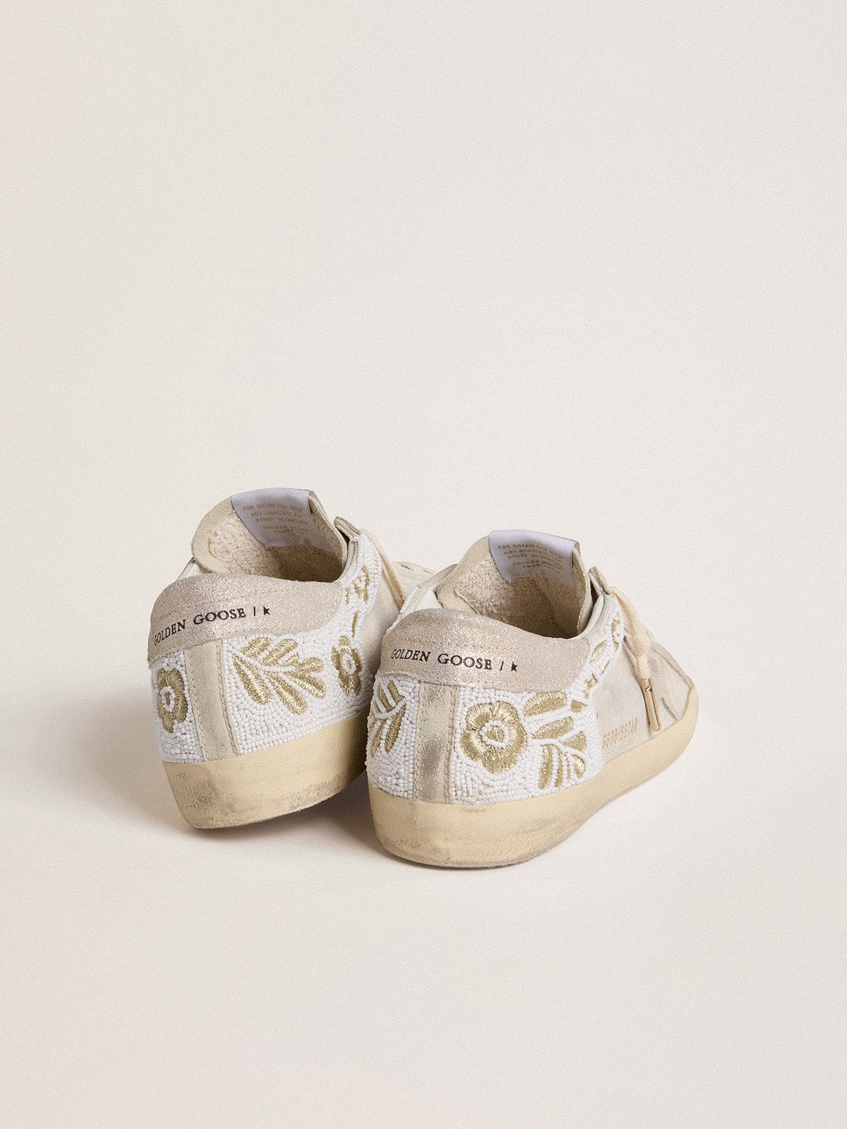 Golden Goose - Women's Super-Star in beige suede with bead embroidery and laminated suede star in 