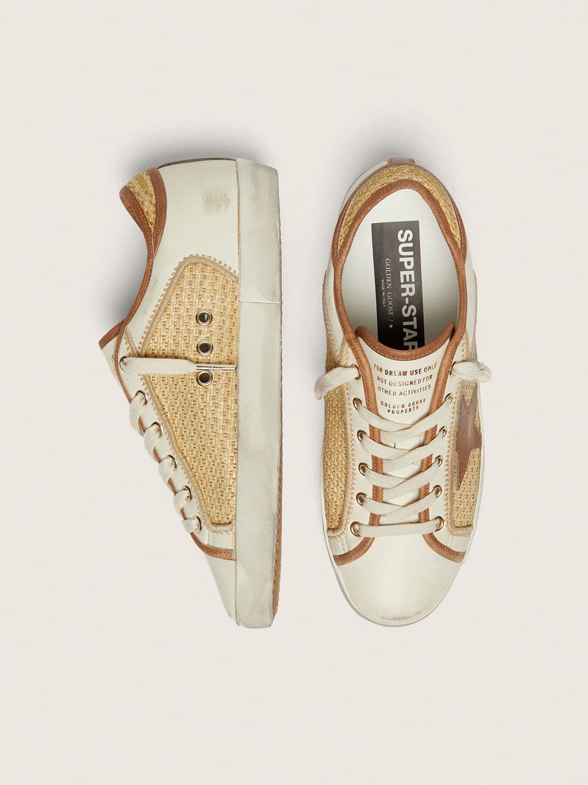 Golden Goose - Super-Star donna in pelle bianca e rafia con stella e inserti color mattone in 