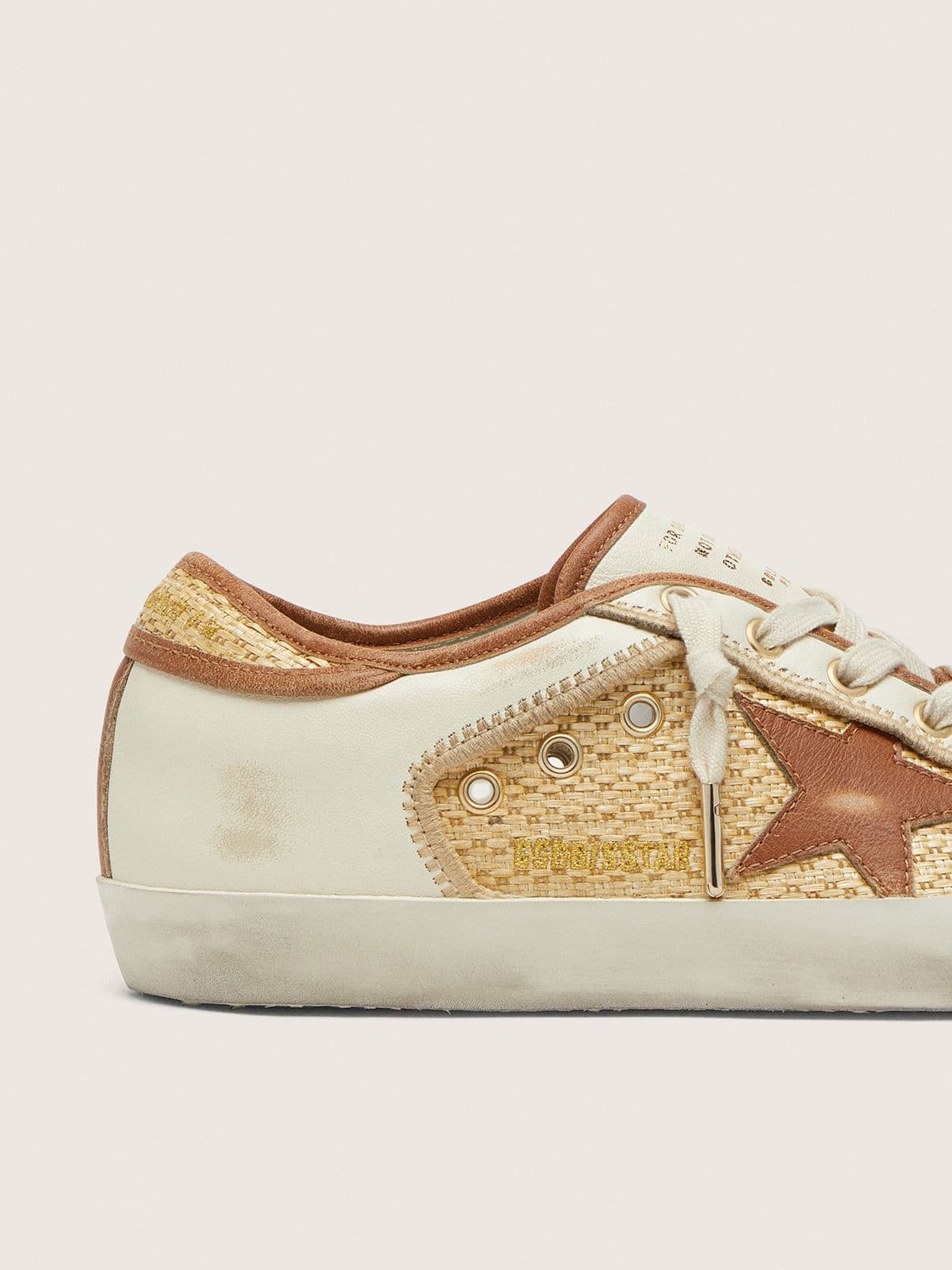 Golden Goose - Super-Star donna in pelle bianca e rafia con stella e inserti color mattone in 