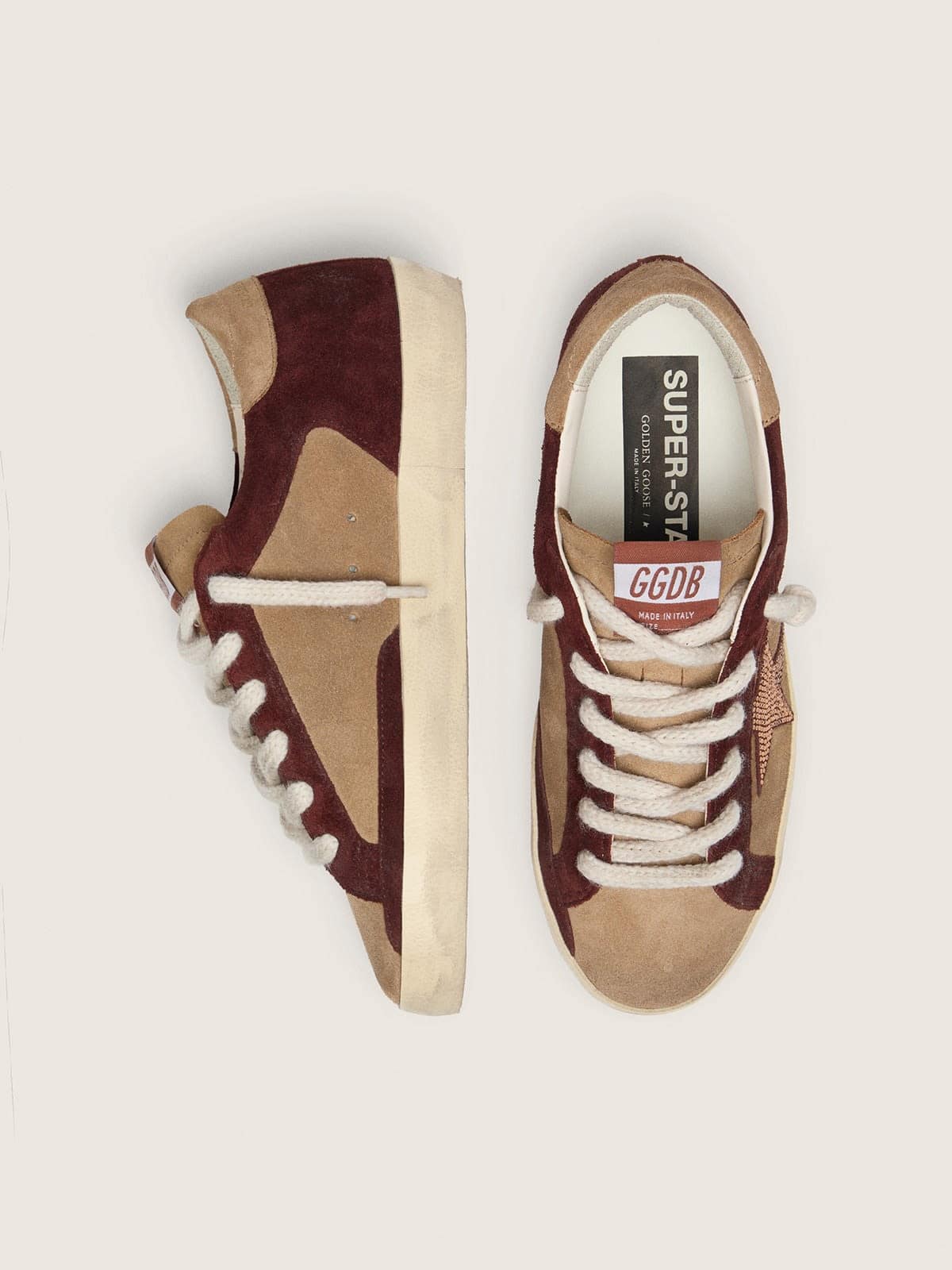 Golden Goose - Super-Star LTD donna in suede beige e marrone con stella Swarovski in 